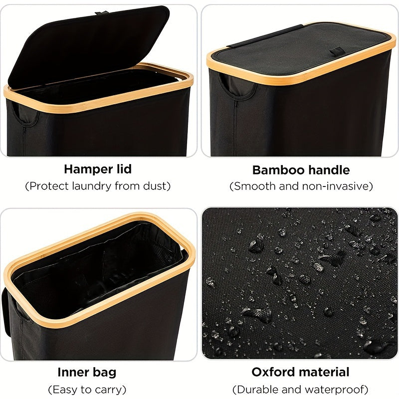 Uy saqlash uchun qopqog'i va tutqichlari bilan 60L suv o'tkazmaydigan bambuk kir yuvish qutisi