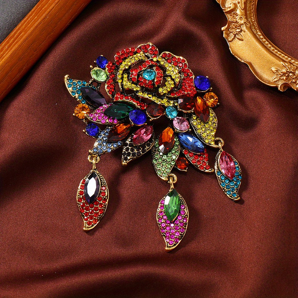 Vintage Floral Brooch with Multicolor Rhinestones Elegant Fashion Accessory for Women