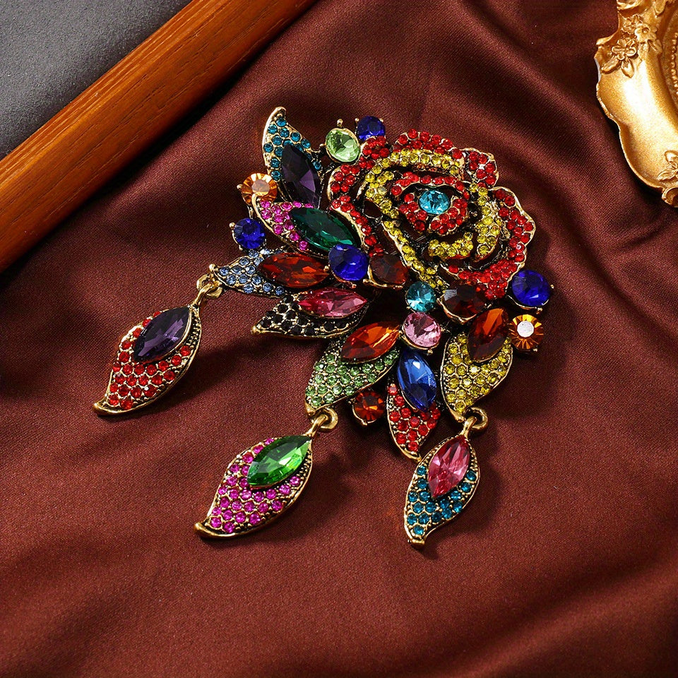 Vintage Floral Brooch with Multicolor Rhinestones Elegant Fashion Accessory for Women