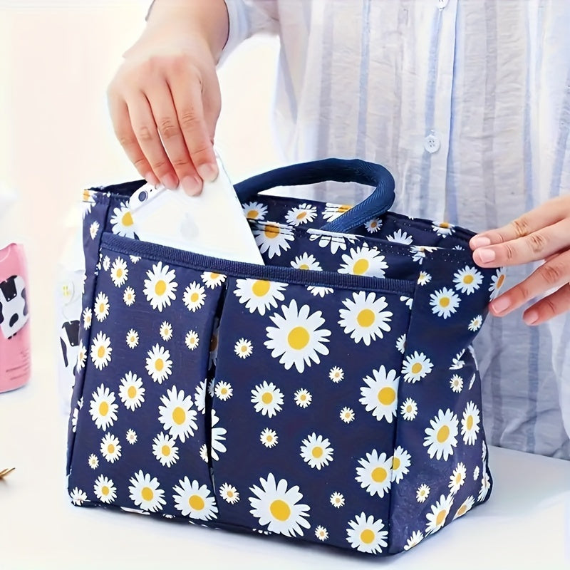 Insulated Lunch Bag with Daisy Print Eco-Friendly Oxford Fabric Large Capacity