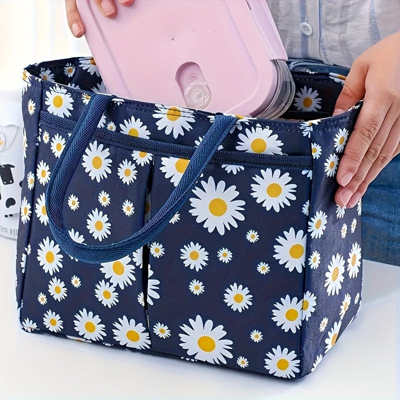 Insulated Lunch Bag with Daisy Print Eco-Friendly Oxford Fabric Large Capacity