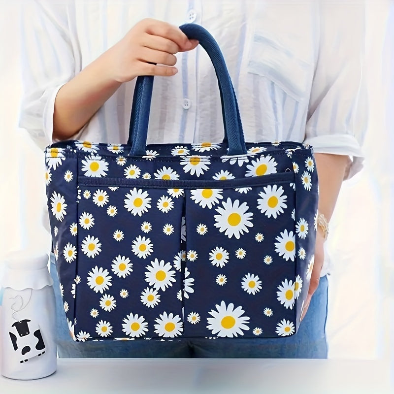Insulated Lunch Bag with Daisy Print Eco-Friendly Oxford Fabric Large Capacity