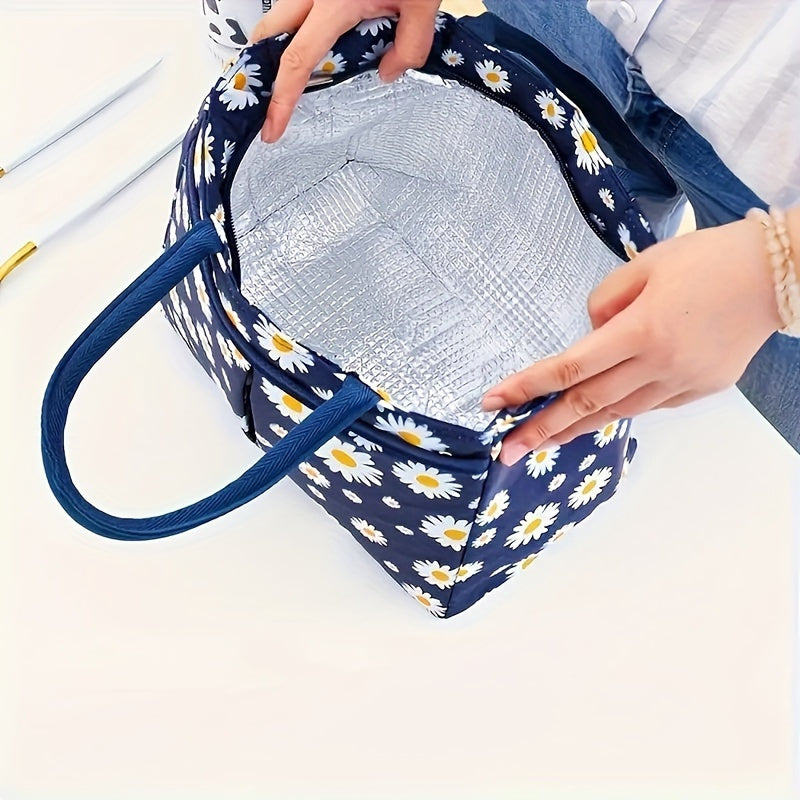Insulated Lunch Bag with Daisy Print Eco-Friendly Oxford Fabric Large Capacity