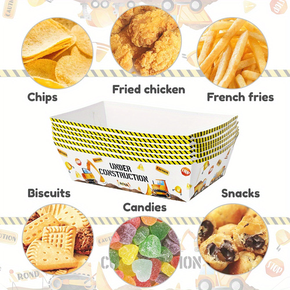 Qurilish mavzusidagi oziq-ovqat plastinkalari to'plami 6 yoki 12 ta, ekskavator va buldozer tasvirlari bilan, partiyalar va yengil ovqatlar uchun