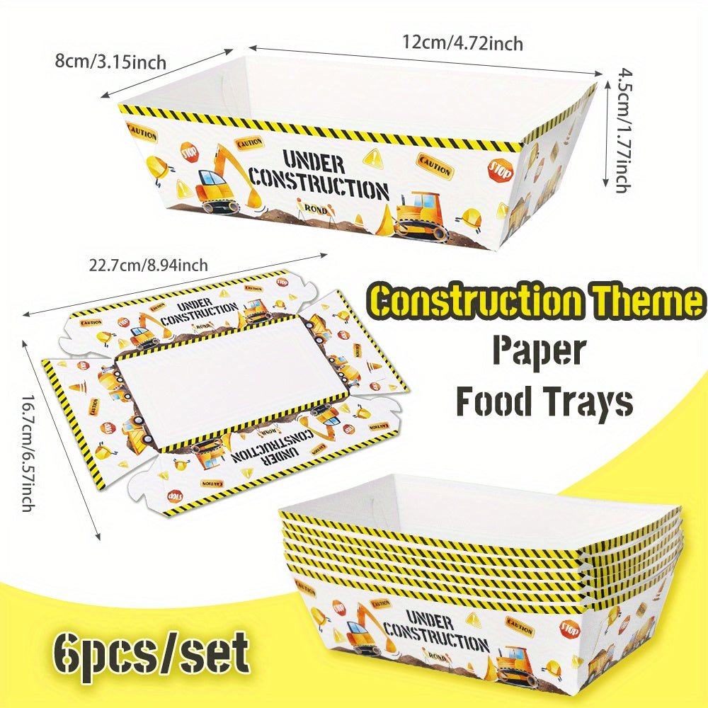 Qurilish mavzusidagi oziq-ovqat plastinkalari to'plami 6 yoki 12 ta, ekskavator va buldozer tasvirlari bilan, partiyalar va yengil ovqatlar uchun