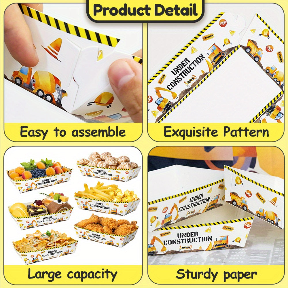 Qurilish mavzusidagi oziq-ovqat plastinkalari to'plami 6 yoki 12 ta, ekskavator va buldozer tasvirlari bilan, partiyalar va yengil ovqatlar uchun