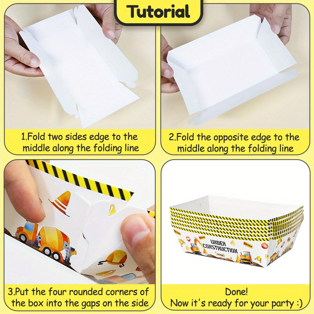 Qurilish mavzusidagi oziq-ovqat plastinkalari to'plami 6 yoki 12 ta, ekskavator va buldozer tasvirlari bilan, partiyalar va yengil ovqatlar uchun