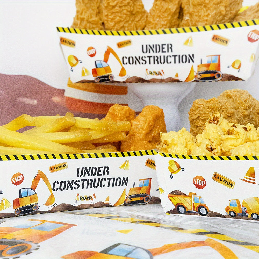 Qurilish mavzusidagi oziq-ovqat plastinkalari to'plami 6 yoki 12 ta, ekskavator va buldozer tasvirlari bilan, partiyalar va yengil ovqatlar uchun