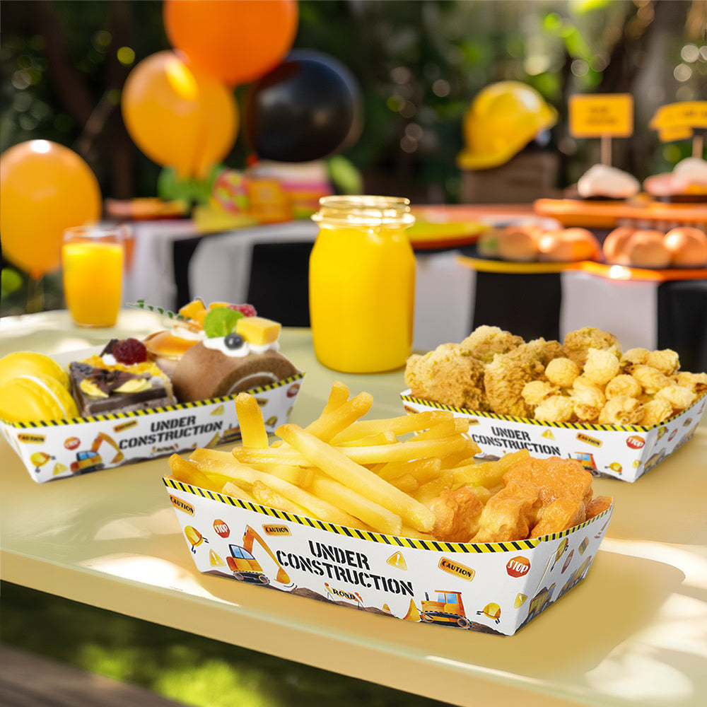 Qurilish mavzusidagi oziq-ovqat plastinkalari to'plami 6 yoki 12 ta, ekskavator va buldozer tasvirlari bilan, partiyalar va yengil ovqatlar uchun