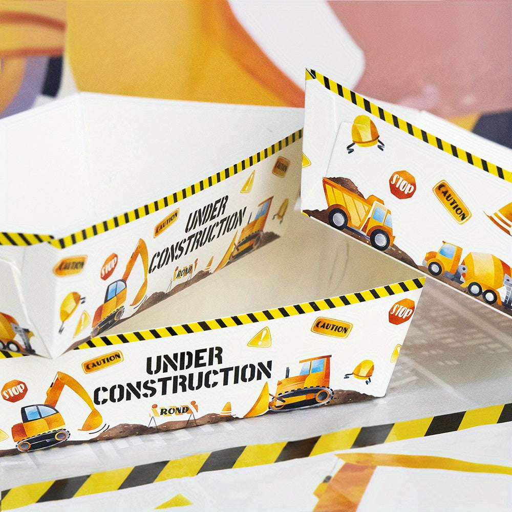 Qurilish mavzusidagi oziq-ovqat plastinkalari to'plami 6 yoki 12 ta, ekskavator va buldozer tasvirlari bilan, partiyalar va yengil ovqatlar uchun