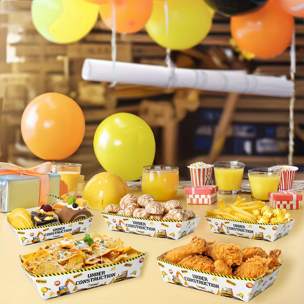 Qurilish mavzusidagi oziq-ovqat plastinkalari to'plami 6 yoki 12 ta, ekskavator va buldozer tasvirlari bilan, partiyalar va yengil ovqatlar uchun