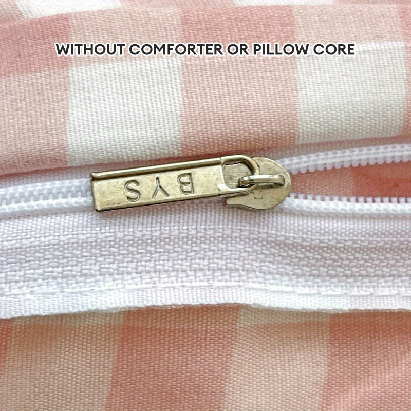 Conjunto de funda nórdica a cuadros rosa con patrón de lazo de 4 piezas de poliéster para todas las estaciones