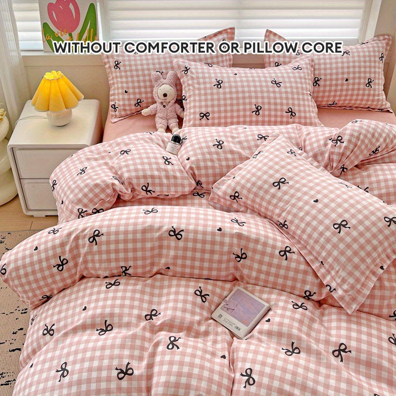 Pink Plaid Duvet Cover Set with Bowknot Pattern 4 Pieces Polyester All-Season