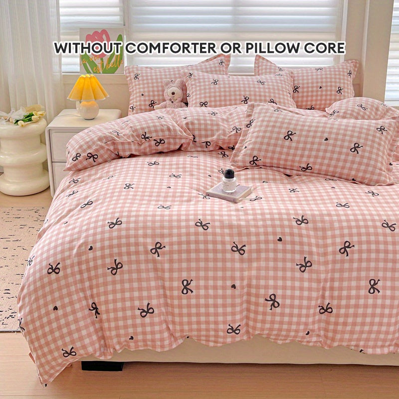 Pink Plaid Duvet Cover Set with Bowknot Pattern 4 Pieces Polyester All-Season