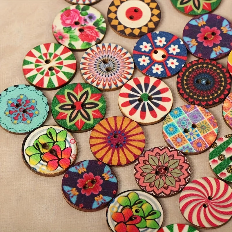 Set of 100 Multicolored Boho Buttons with Painted Eyes for Clothing and Crafts