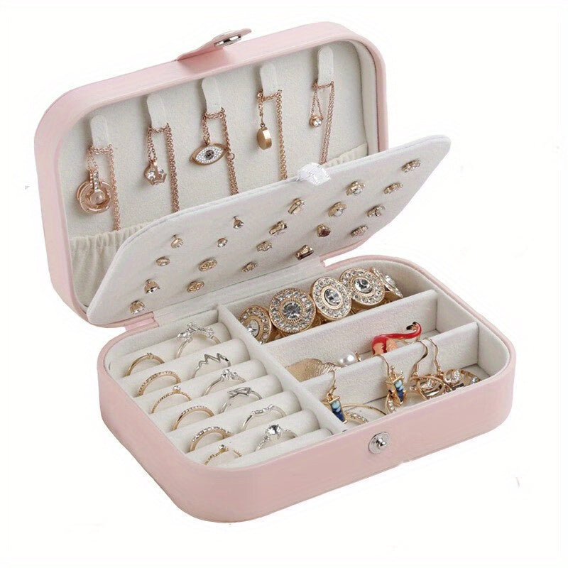 Faux Leather Jewelry Organizer Box with Double Layer and Zipper for Earrings Necklaces Rings