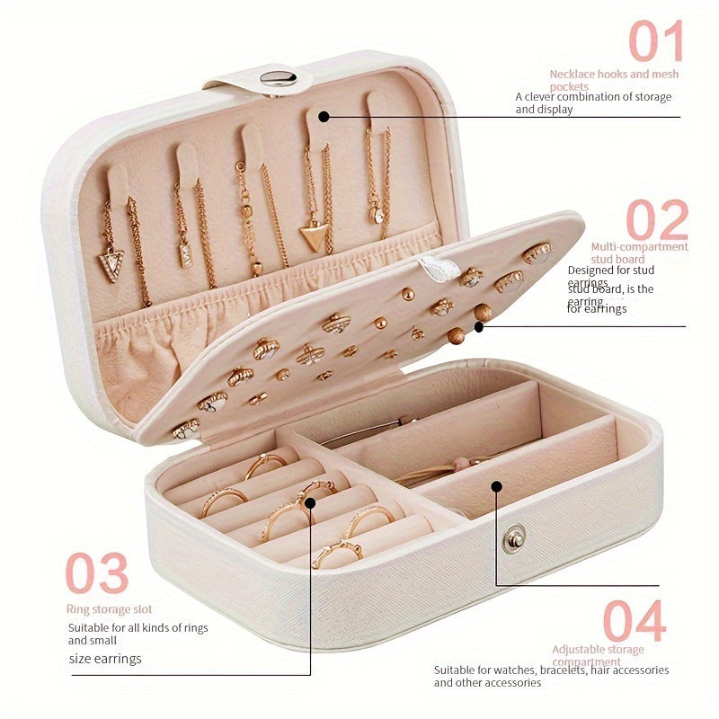 Caja organizadora de joyas de cuero sintético con doble capa y cremallera para pendientes, collares y anillos