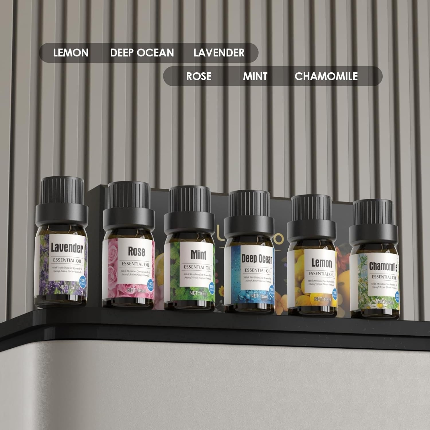 Asosiy yog'lar to'plami lavanda, limon, mentol, romashka, chuqur dengiz va atirgulni o'z ichiga oladi - difuzorlar va namlagichlar uchun ideal.