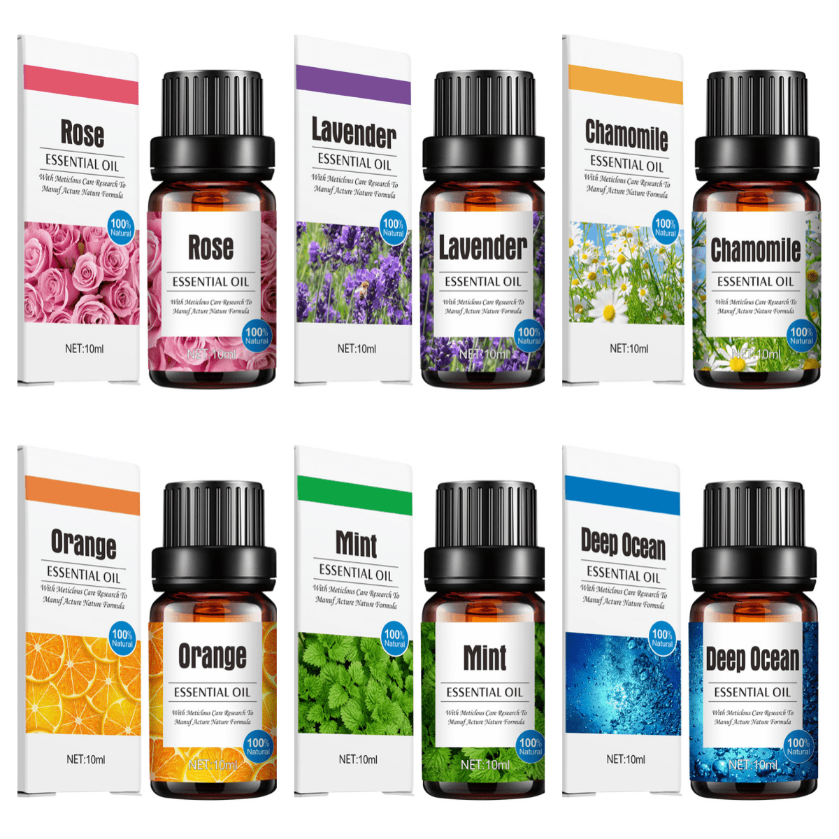 Asosiy yog'lar to'plami lavanda, limon, mentol, romashka, chuqur dengiz va atirgulni o'z ichiga oladi - difuzorlar va namlagichlar uchun ideal.