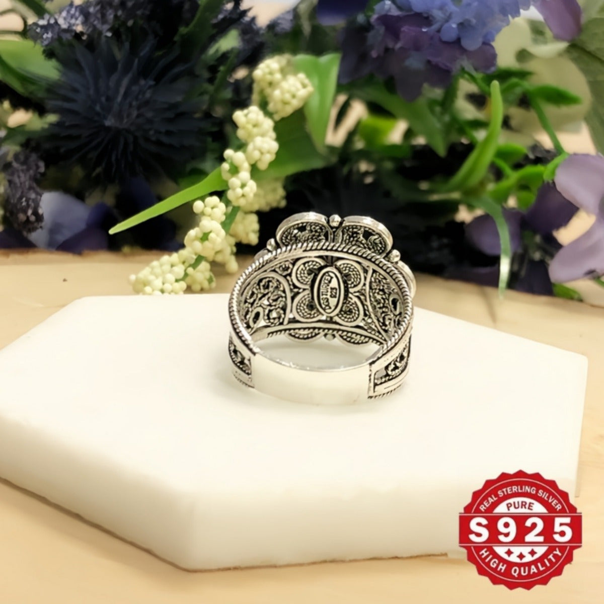 Sterling Silver Daisy Flower Ring with Filigree Details and Oxidized Finish