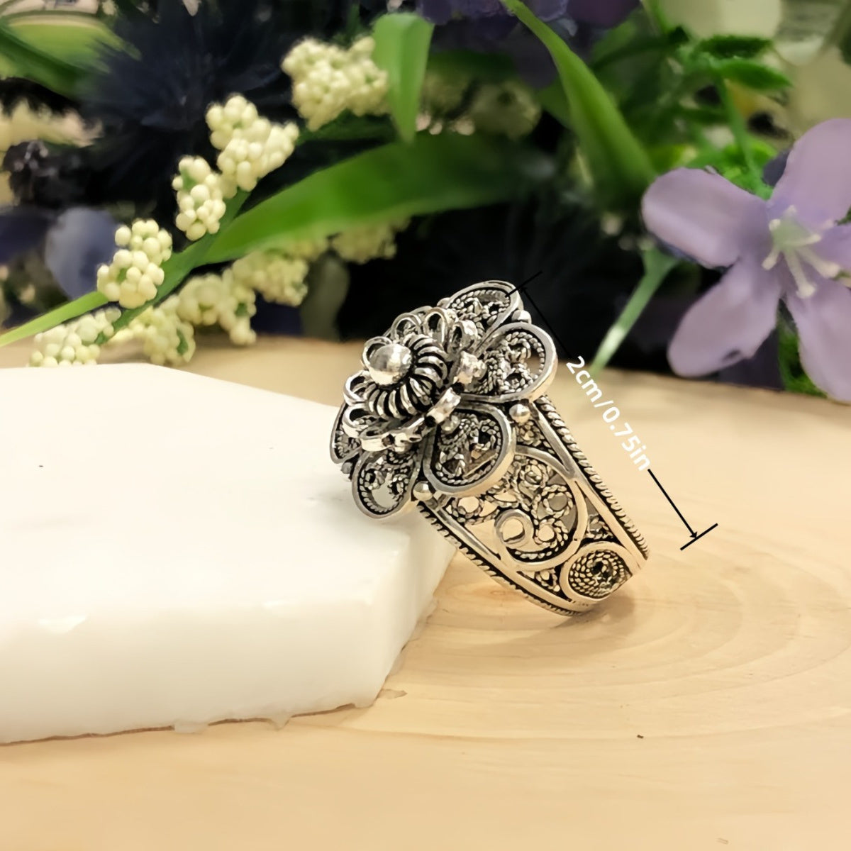Sterling Silver Daisy Flower Ring with Filigree Details and Oxidized Finish