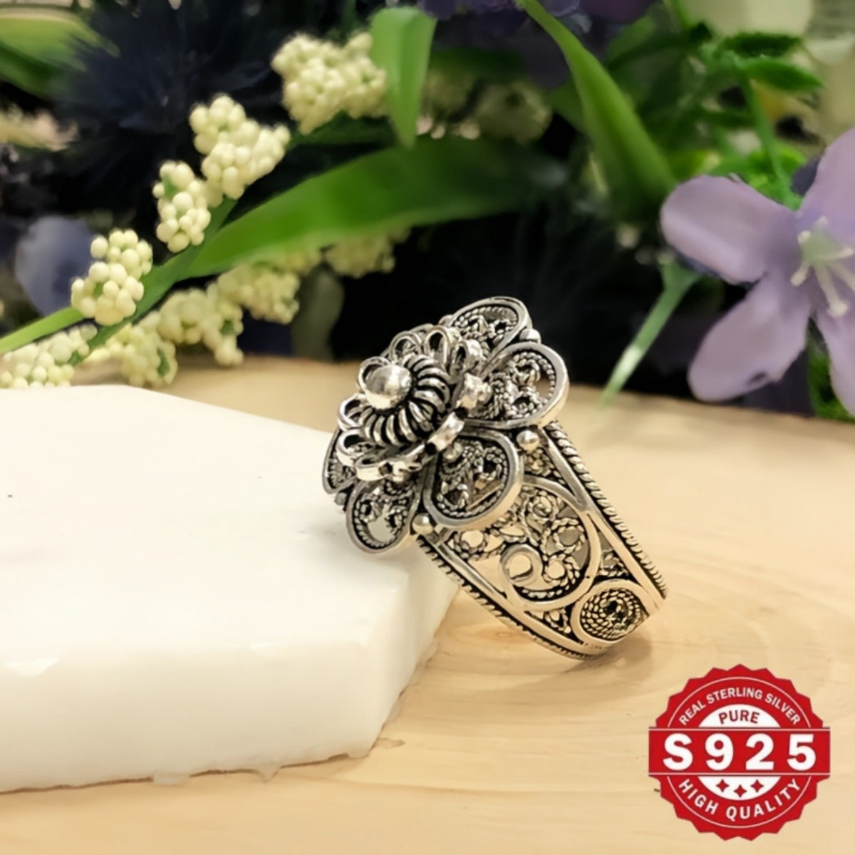Sterling Silver Daisy Flower Ring with Filigree Details and Oxidized Finish