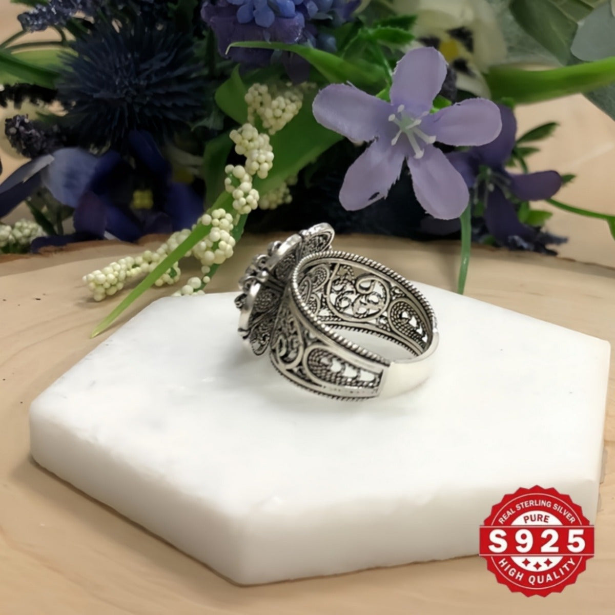 Sterling Silver Daisy Flower Ring with Filigree Details and Oxidized Finish