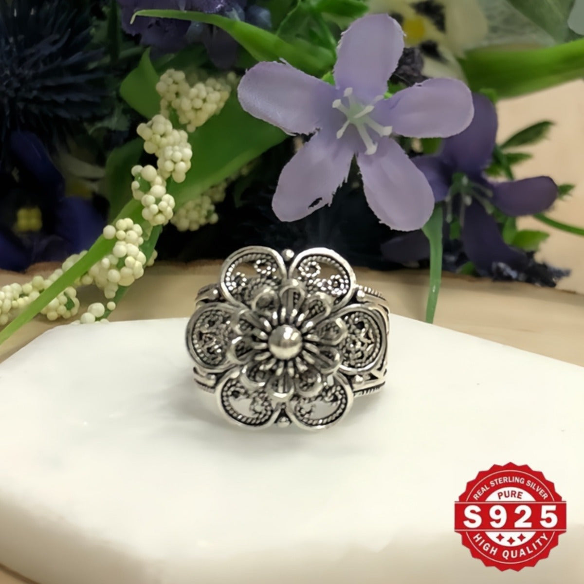 Sterling Silver Daisy Flower Ring with Filigree Details and Oxidized Finish
