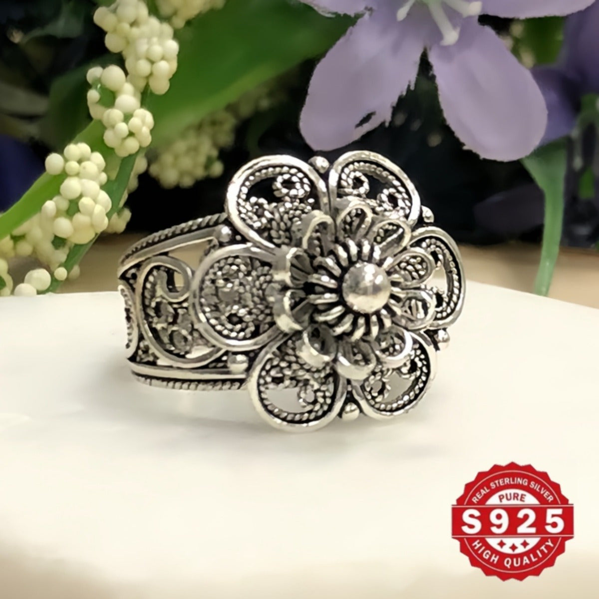 Sterling Silver Daisy Flower Ring with Filigree Details and Oxidized Finish