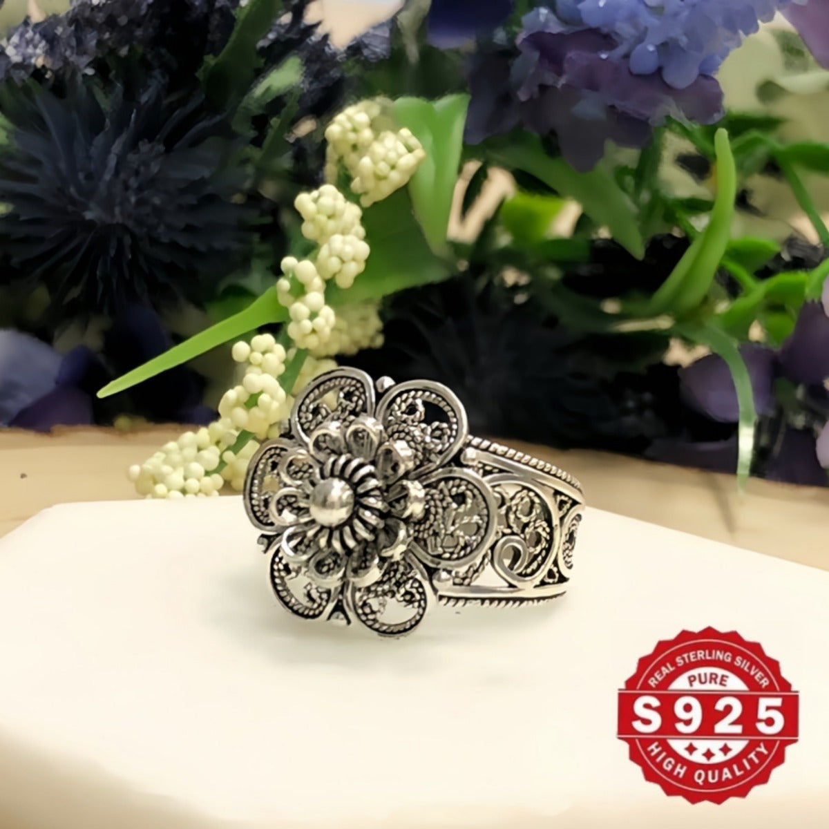Ayollar uchun Sterling Silver Daisy Flower uzuk Bohemiy Filigree zargarlik buyumlari