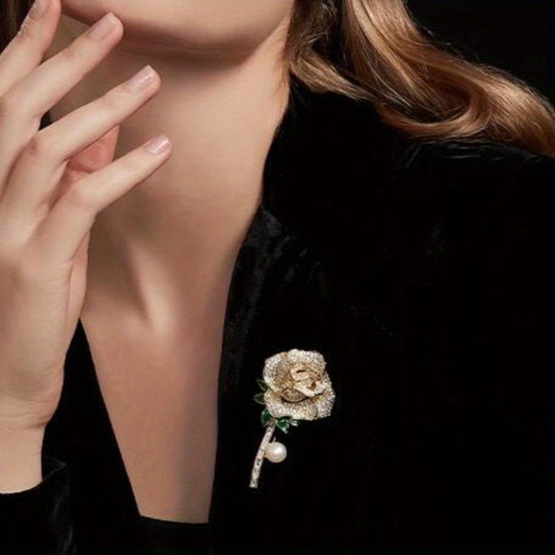 Set of 2 Women's Flower Brooches Resin Rose Rhinestones Pearl Gold-Tone Corsage Pins