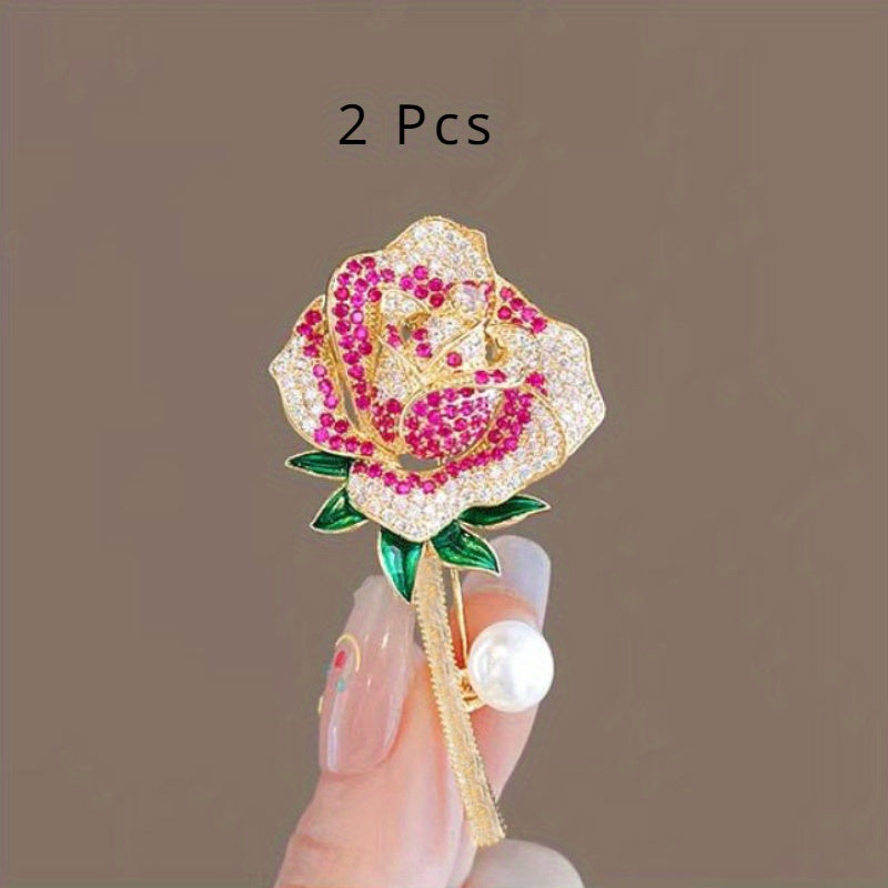 Set of 2 Women's Flower Brooches Resin Rose Rhinestones Pearl Gold-Tone Corsage Pins