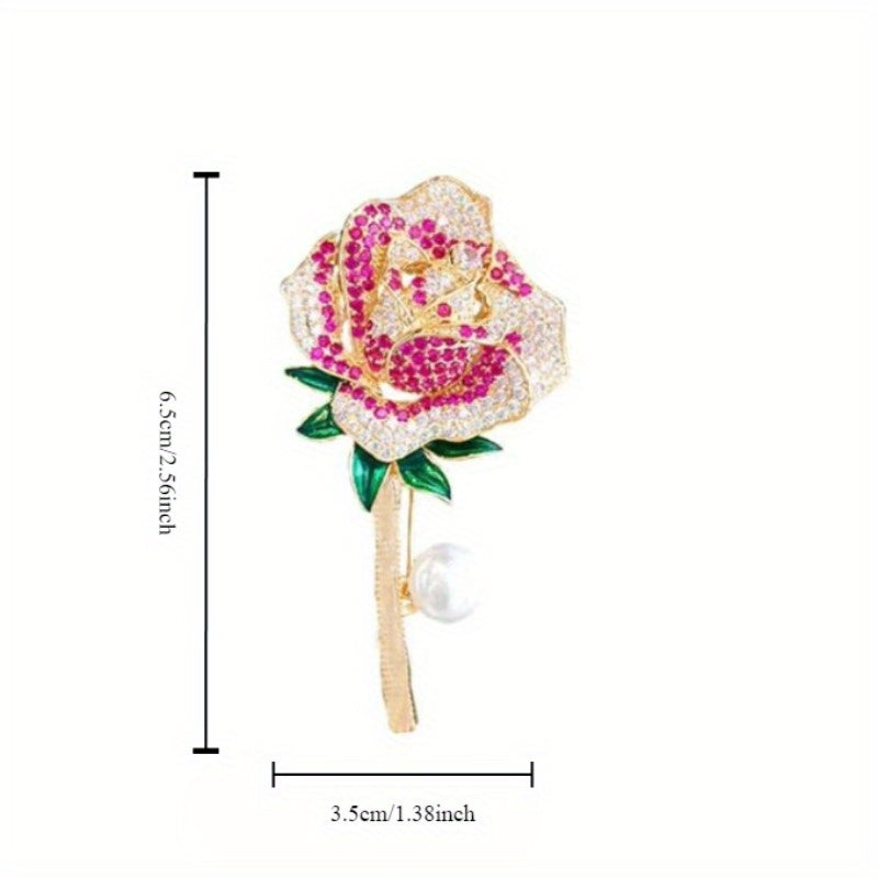 Set of 2 Women's Flower Brooches Resin Rose Rhinestones Pearl Gold-Tone Corsage Pins