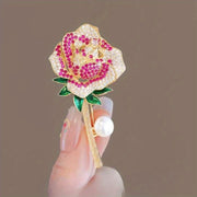 Set of 2 Women's Flower Brooches Resin Rose Rhinestones Pearl Gold-Tone Corsage Pins