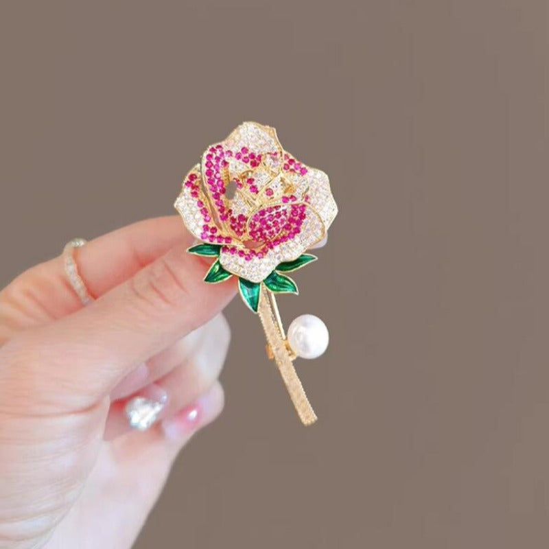 Set of 2 Women's Flower Brooches Resin Rose Rhinestones Pearl Gold-Tone Corsage Pins