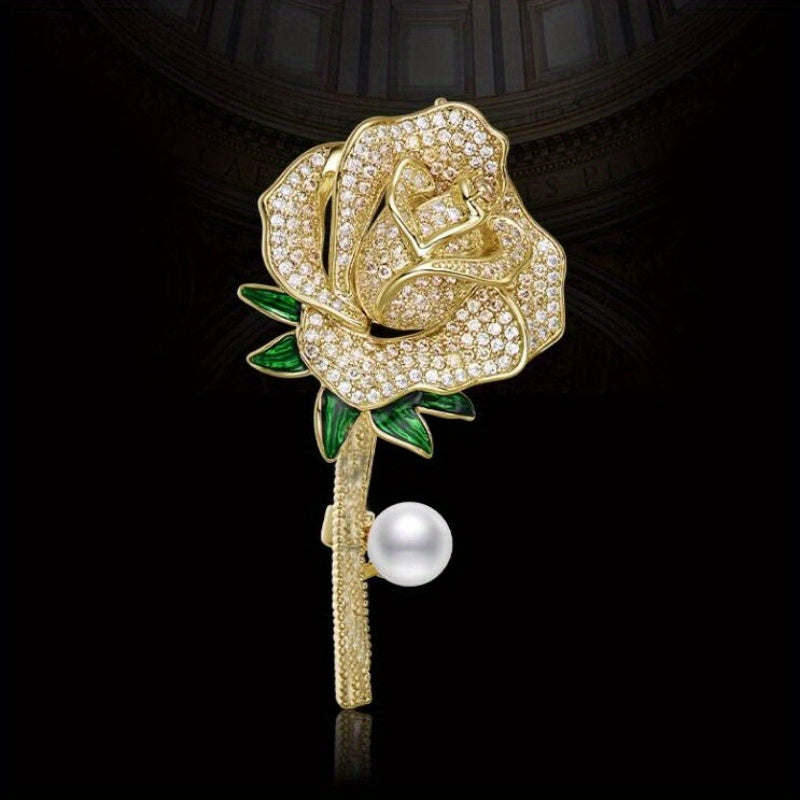 Set of 2 Women's Flower Brooches Resin Rose Rhinestones Pearl Gold-Tone Corsage Pins
