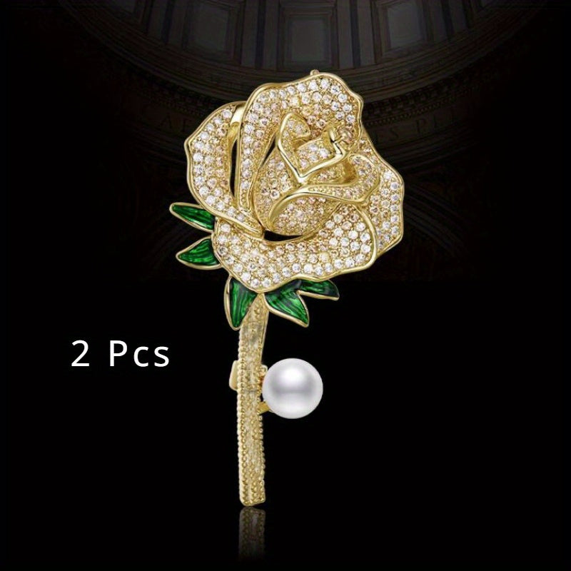 Set of 2 Women's Flower Brooches Resin Rose Rhinestones Pearl Gold-Tone Corsage Pins
