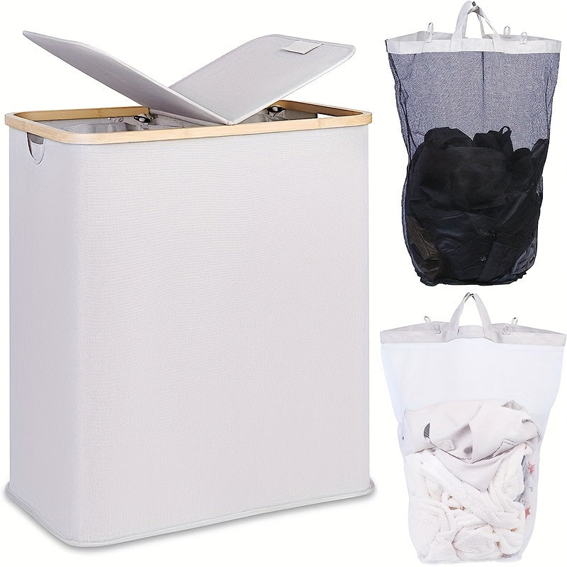 Large Double-Layer Laundry Hamper with Lid Foldable Space-Saving Storage Basket for Bathroom Bedroom Dorm