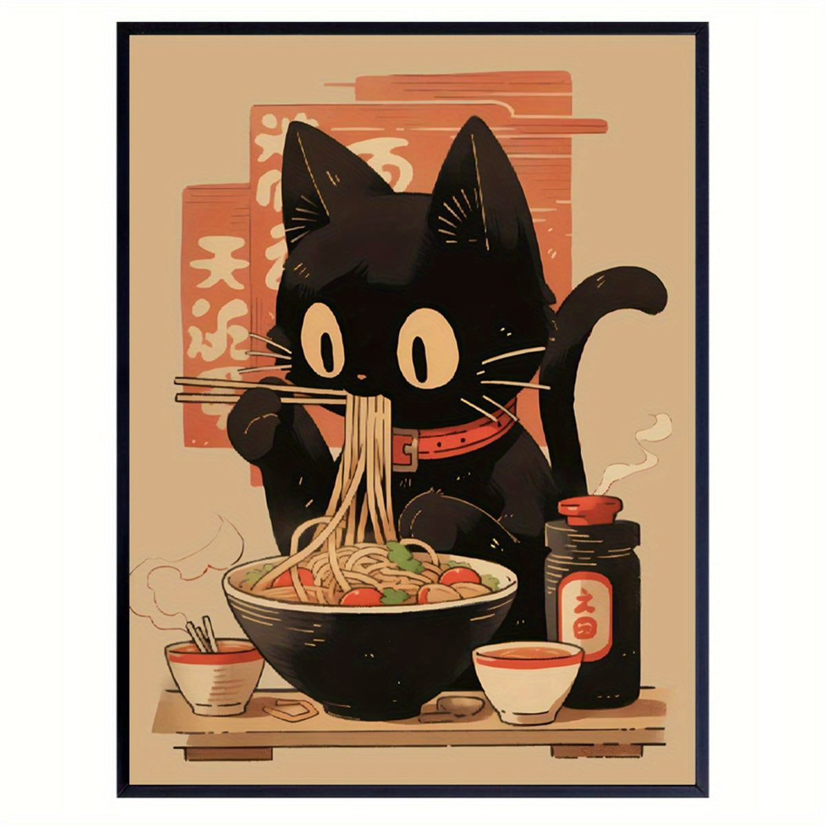 Póster de arte con impresión en lienzo de ramen de gato negro, decoración de pared moderna retro con patrón animal y retrato