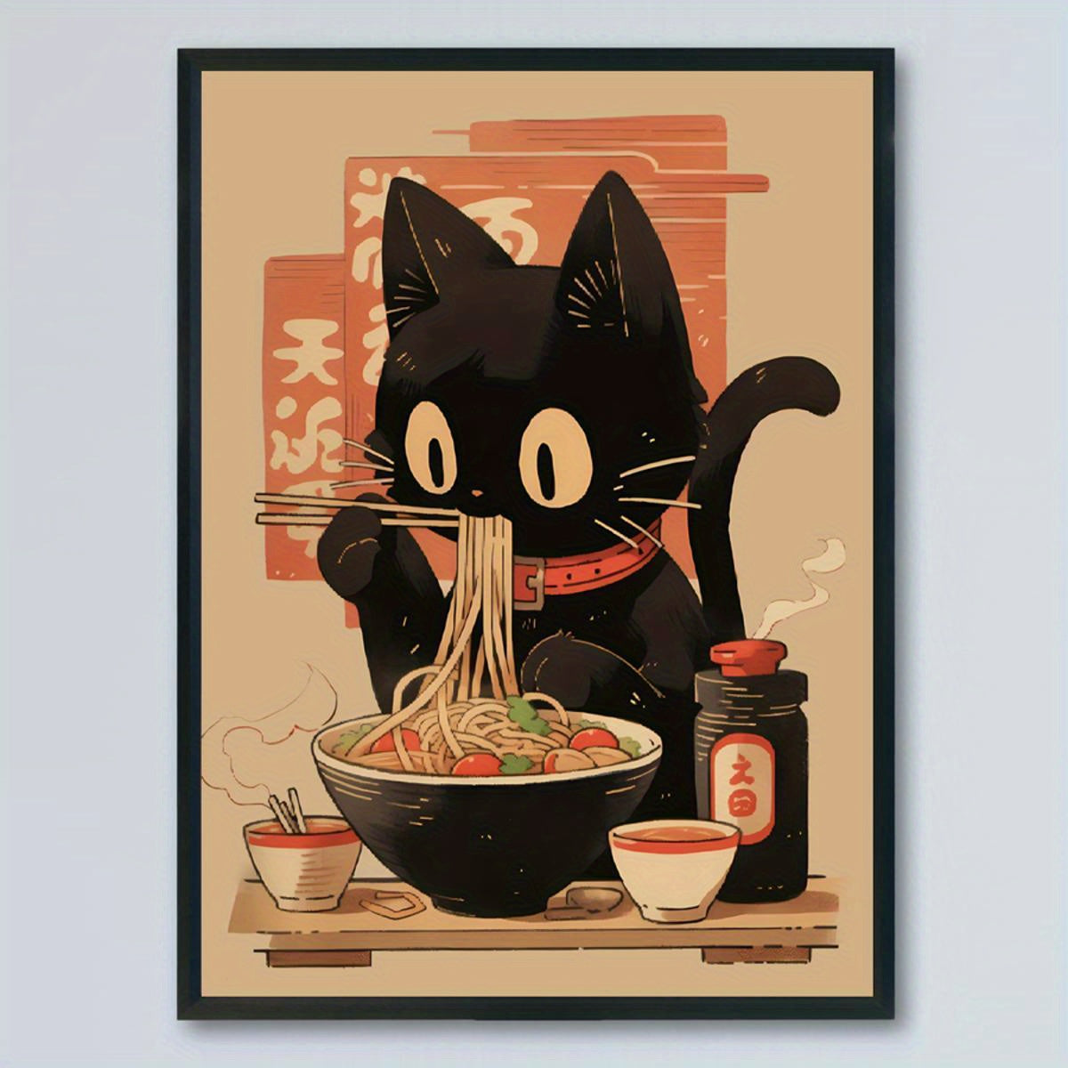 Black Cat Ramen Noodle Art Print Poster Canvas Wall Decor Modern Retro Animal Pattern Portrait