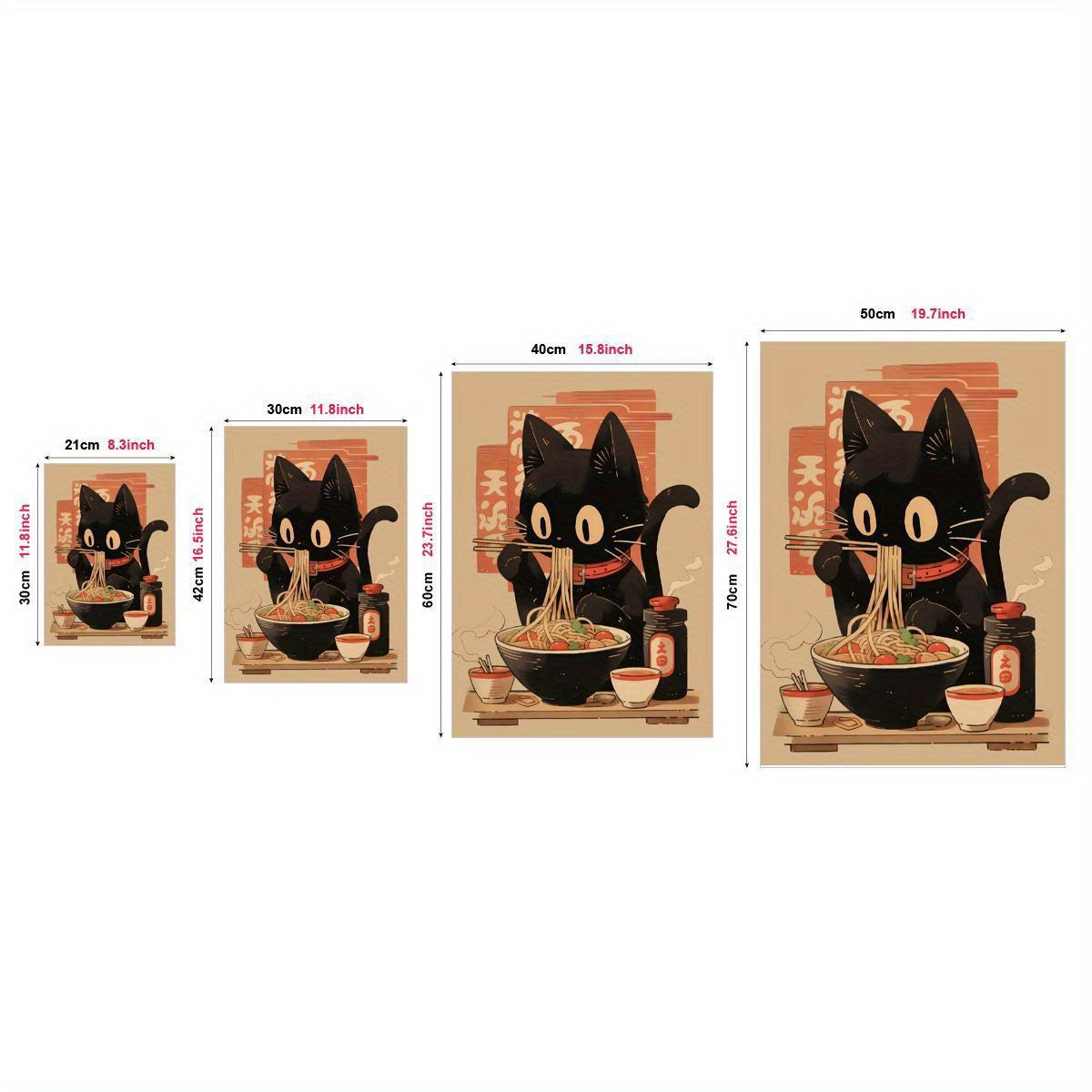 Póster de arte con impresión en lienzo de ramen de gato negro, decoración de pared moderna retro con patrón animal y retrato