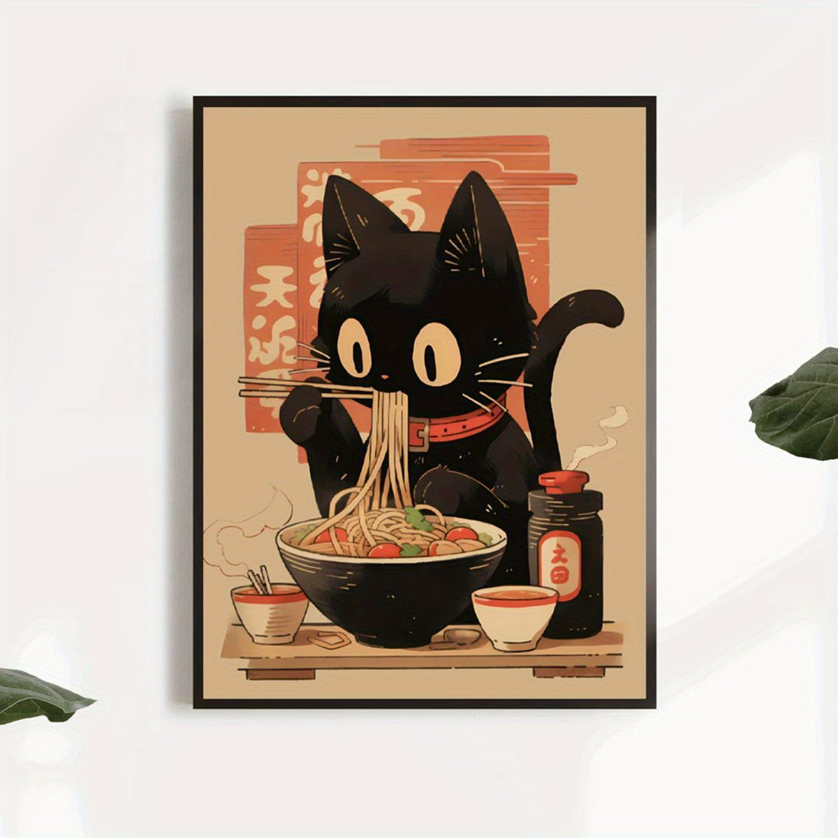 Póster de arte con impresión en lienzo de ramen de gato negro, decoración de pared moderna retro con patrón animal y retrato