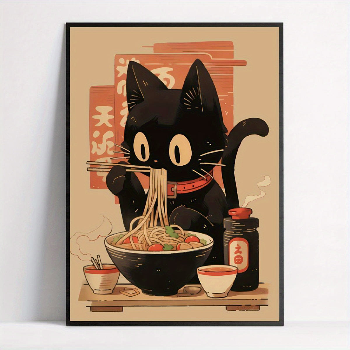 Black Cat Ramen Noodle Art Print Poster Canvas Wall Decor Modern Retro Animal Pattern Portrait