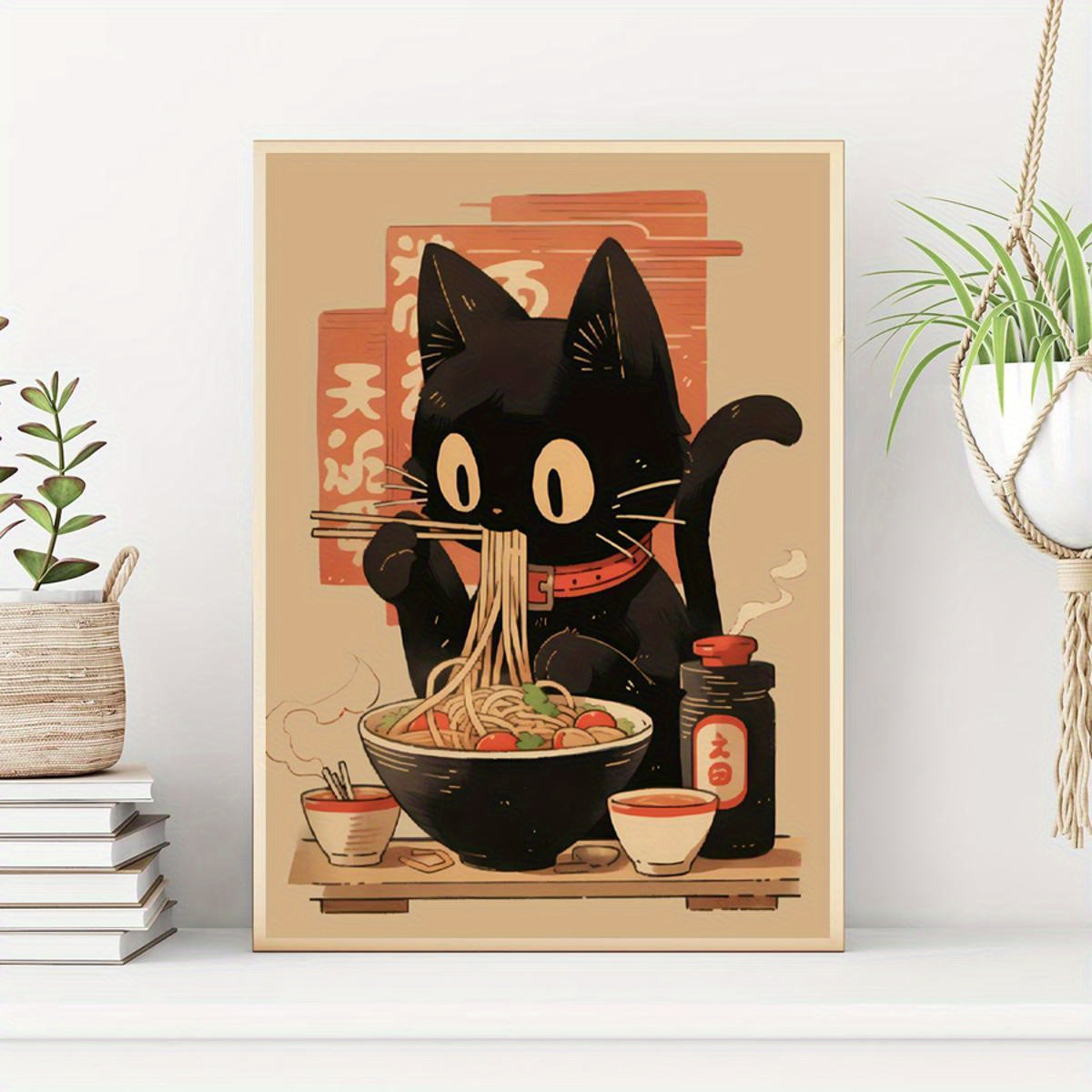 Póster de arte con impresión en lienzo de ramen de gato negro, decoración de pared moderna retro con patrón animal y retrato