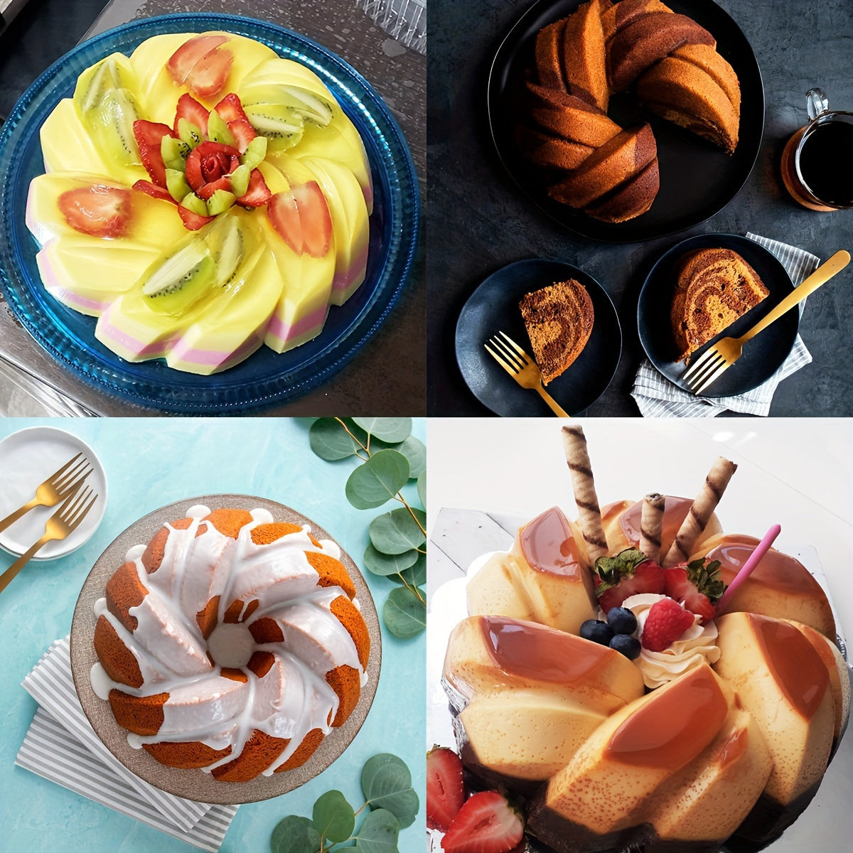 Silicone Bundt Cake Pans Set Nonstick Oven-Safe with Fluted Crown Designs