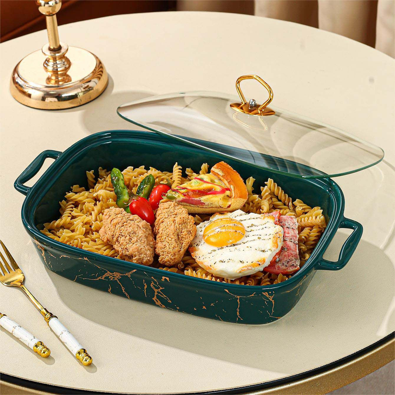 Qopqog'li keramik xizmat qilish to'plami, sho'rva qozoni, casserol plitalari ovqatlanish uchun