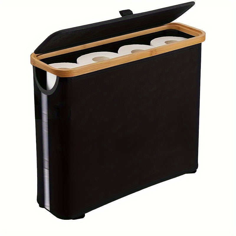 Black Bamboo Toilet Paper Holder with Storage Basket Bathroom Organizer for Home Office