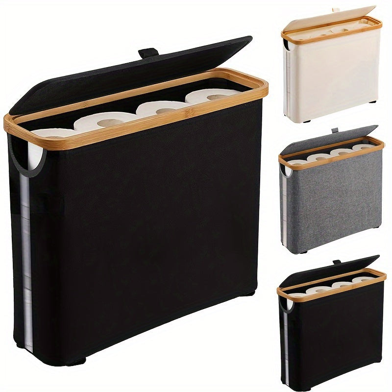 Black Bamboo Toilet Paper Holder with Storage Basket Bathroom Organizer for Home Office