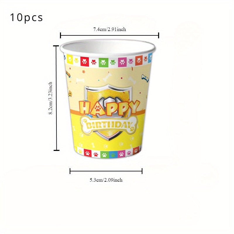 It mavzusiga ega tug'ilgan kun uchun yoqimli anjomlar to'plami - qog'oz plastinkalar, stakanlar, salfetkalar va dasturxonni o'z ichiga oladi