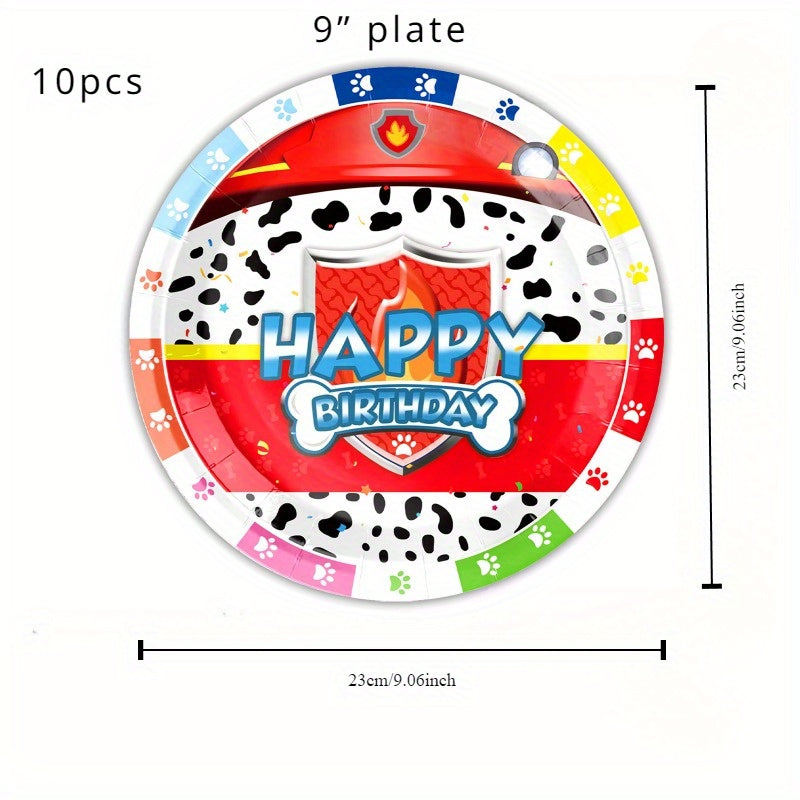 It mavzusiga ega tug'ilgan kun uchun yoqimli anjomlar to'plami - qog'oz plastinkalar, stakanlar, salfetkalar va dasturxonni o'z ichiga oladi